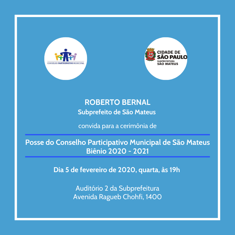 Em fundo azul e letras brancas, convite chama para a posse dos conselheiros participativos, hoje, 19 horas, auditório da Subprefeitura